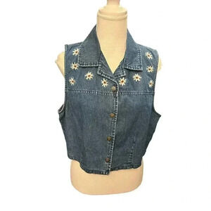 Bobbie Brooks Vintage Denim Vest Y2K Embroidered Floral Button Down Cotton Large